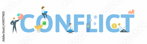 Conflict. Concept with keyword, people and icons. Flat vector illustration. Isolated on white background.