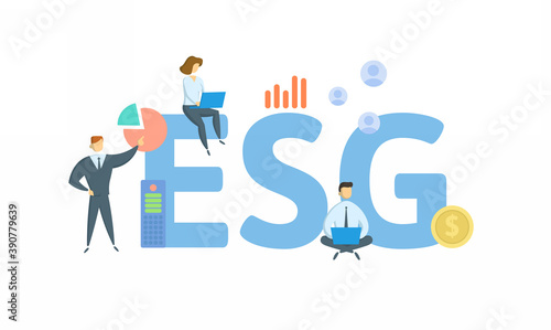 ESG, Environmental, Social and Governance. Concept with keyword, people and icons. Flat vector illustration. Isolated on white background.