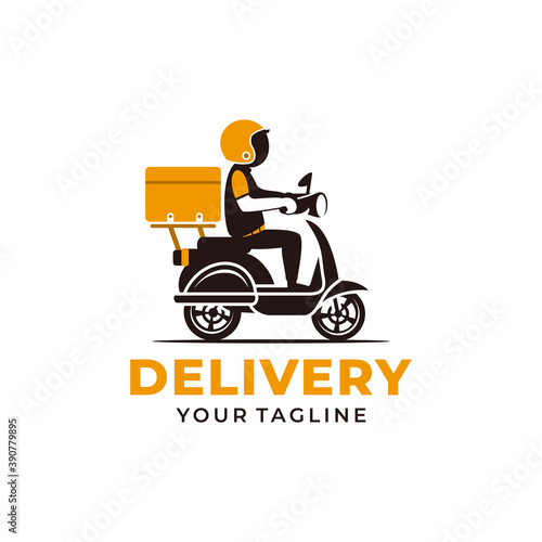 A man is riding a scooter. delivery logo