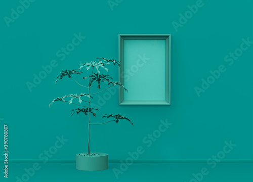 Poster frame mockup scene in plain monochrome green color with single plant and single picture frame. Green background with copy space. 3D rendering