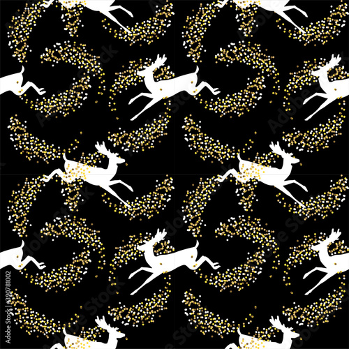 Seamless pattern with deer. Pattern with white silhouettes of deer on a black background with golden sparks. Vector 10 EPS.