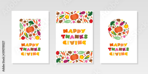 Set of Happy Thanksgiving cards. Cute colorful typography decorated with design elements made of vegetables, autumn leaves and berries isolated on white. Vector 10 EPS.