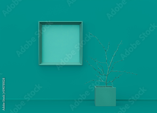 Poster frame mockup scene in plain monochrome green color with single plant and single picture frame. Green background with copy space. 3D rendering