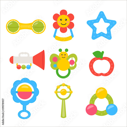 Vector set of baby rattles. Toys for calming or entertaining infant. Baby items. Vector  illustration for Decorative design element, scrapbooking, advertising card