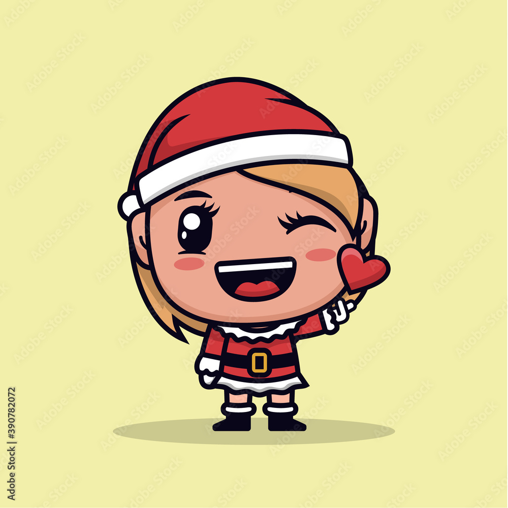 Santa Claus Girl Cute Character and giving Love for people. Merry Christmas And Happy New Year Cartoon Art. Vector Illustration