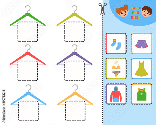 Education game for children with clothes. Find and hang clothes on a hanger. Kids learning material. Preschool worksheet activity. Children funny riddle entertainment. Vector Illustration