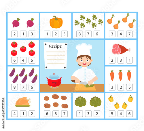 Math education for kids. Help the chef calculate the amount of vegetables. Preschool worksheet activity. Children funny riddle entertainment for the development of logical thinking
