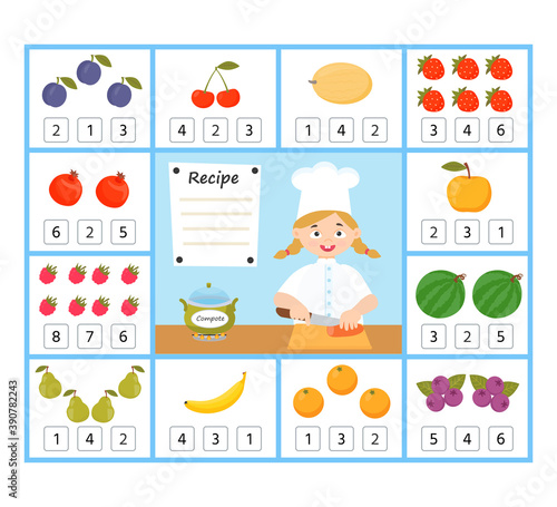 Math education for kids. Help the chef calculate the amount of vegetables. Preschool worksheet activity. Children funny riddle entertainment for the development of logical thinking