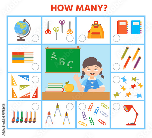 Math Education game for children. How many school supplies. Kids learning material. Preschool worksheet activity. Children funny riddle entertainment. Vector Illustration