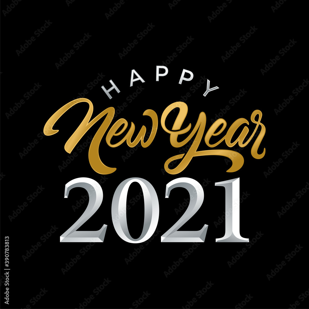 2021 Happy New Year script text hand lettering. Design template Celebration typography poster, banner or greeting card for Merry Christmas and happy new year. Vector Illustration