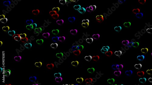 Colourful heart bubbles motion graphics with black background 