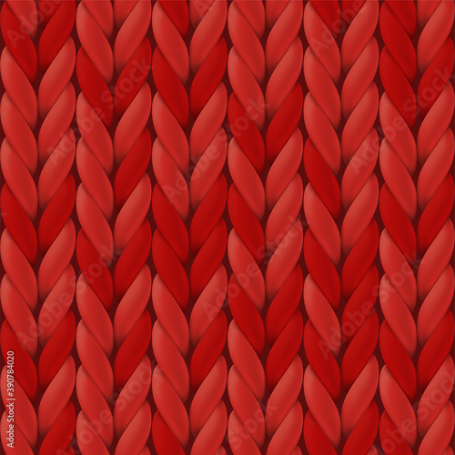 Realistic red knit texture. Seamless knitted pattern for background, wallpaper, Christmas card, invitation, banner. Vector illustration with close up merino wool.
