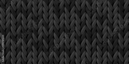 Seamless pattern of dark gray knitted woolen cloth. Realistic black knitwear texture for background, wallpaper, wrapping paper, web page backdrop, winter design.