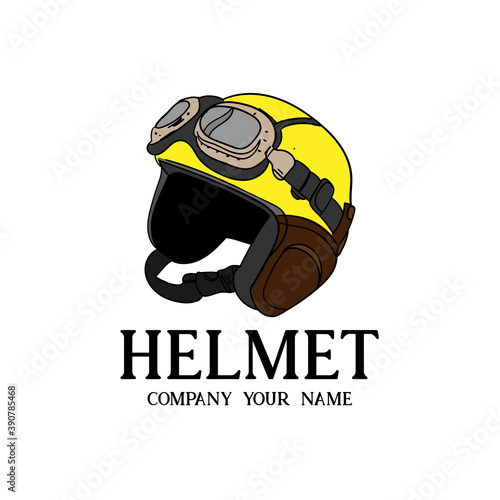 Illustration of motorcycle helmet. Emblems and label.