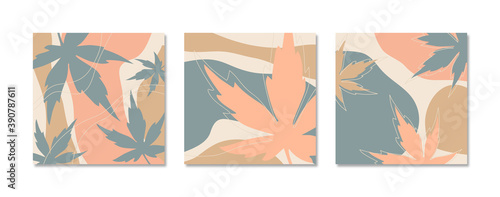 Set of floral abstract backdrops, pink, blue and brown autumn leaves vector background