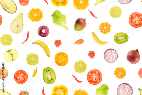 Seamless pattern of juicy vegetables and fruits useful for health isolated on white