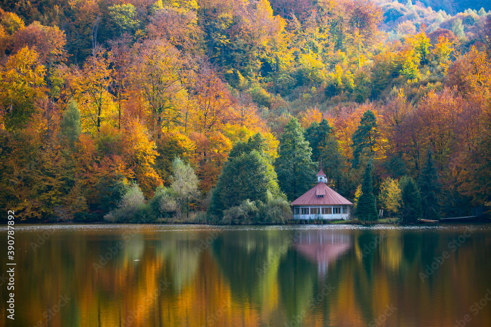 Obraz premium Abandanod cottage on autumn lake.