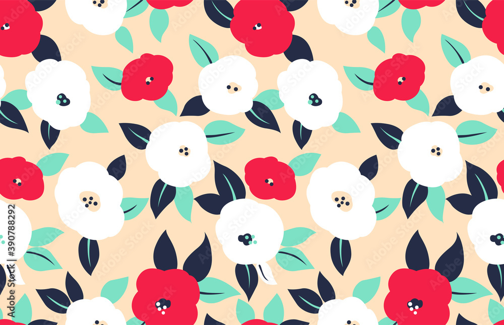 Japanese Colorful Camellia Flower Vector Seamless Pattern