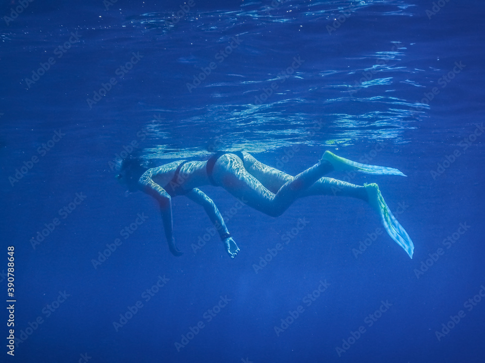 woman in bikini with fins snorkeling in the blue sea