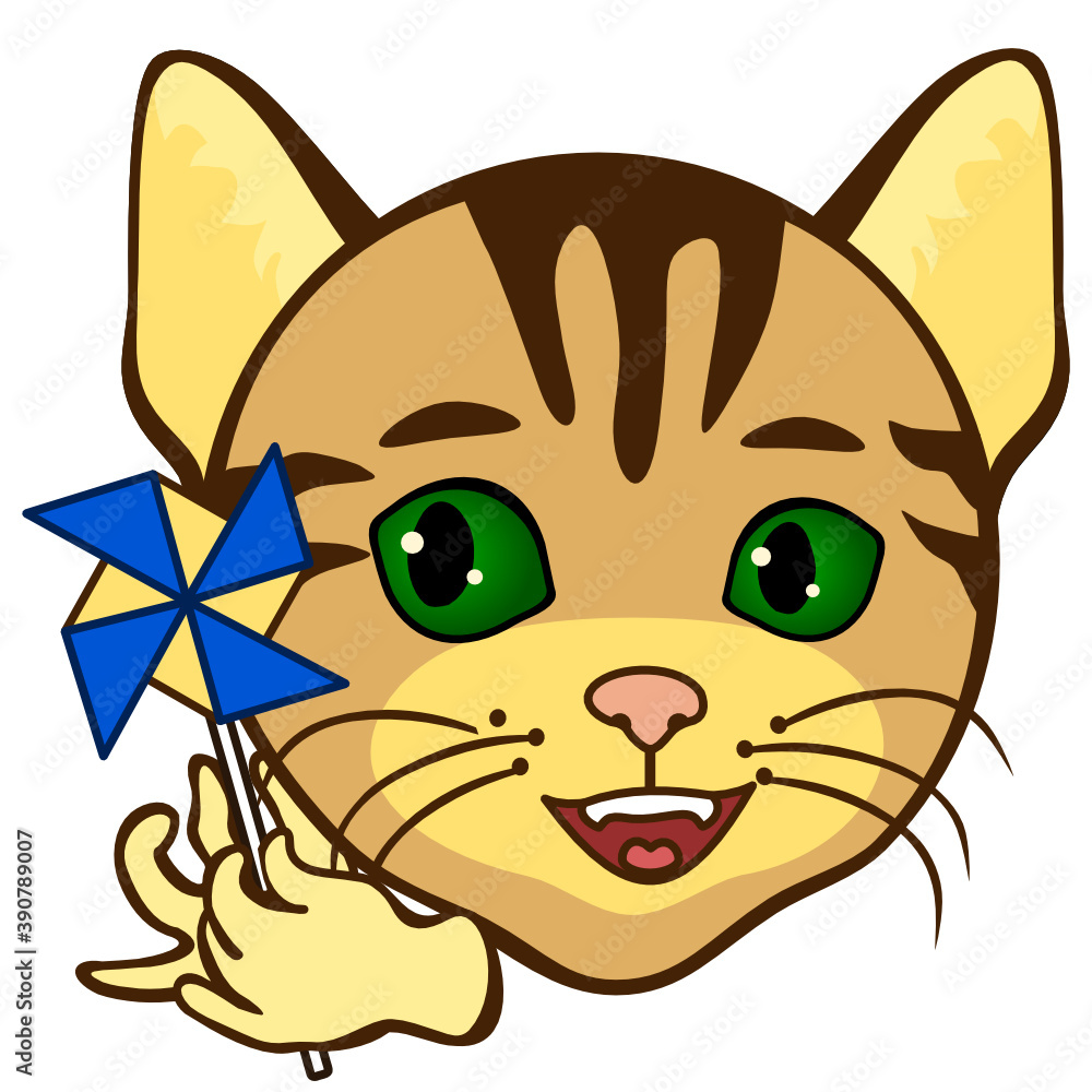 emoji with cat playing with a windmill or pinwheel toy that spins by wind, simple hand drawn emoticon, simplistic colorful picture, vector art emoji with cat playing with a windmill or pinwheel toy that spins by wind, simple hand drawn emoticon, simplistic colorful picture, vector art