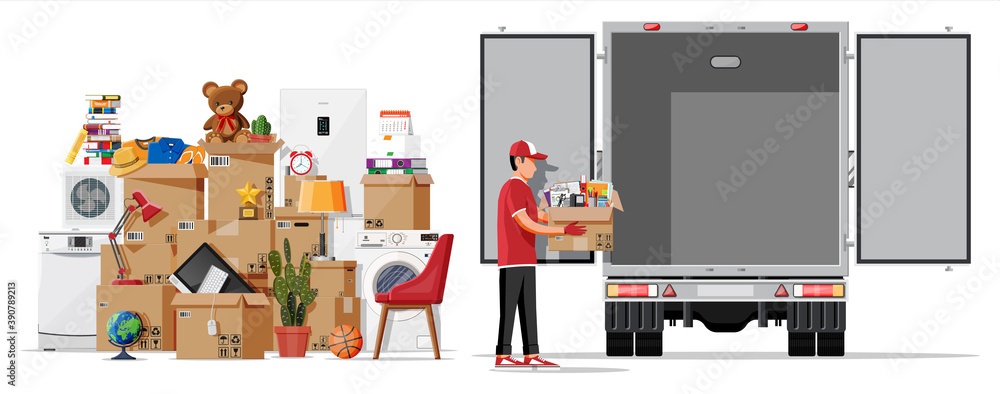 Delivery truck full of home stuff inside. Moving to new house. Family relocated to new home. Boxes with goods. Package transportation. Computer, lamp, clothes, books. Flat vector illustration Delivery truck full of home stuff inside. Moving to new house. Family relocated to new home. Boxes with goods. Package transportation. Computer, lamp, clothes, books. Flat vector illustration