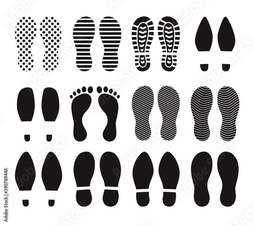 Human footprints. Different silhouettes steps soles boots, sneakers, set icons on white background.