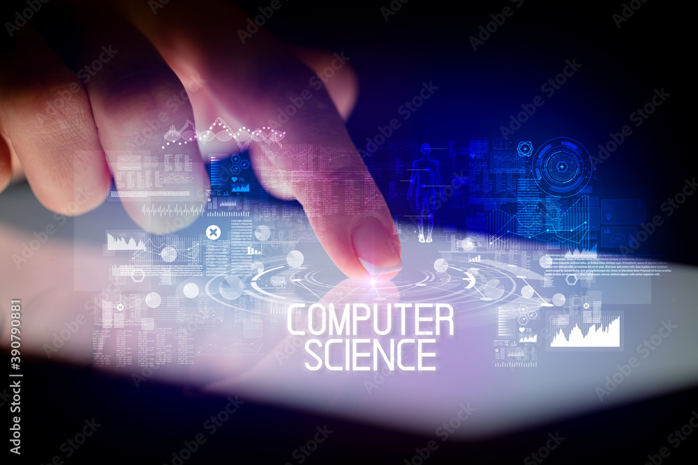 Finger touching tablet with web technology icons and COMPUTER SCIENCE inscription Finger touching tablet with web technology icons and COMPUTER SCIENCE inscription