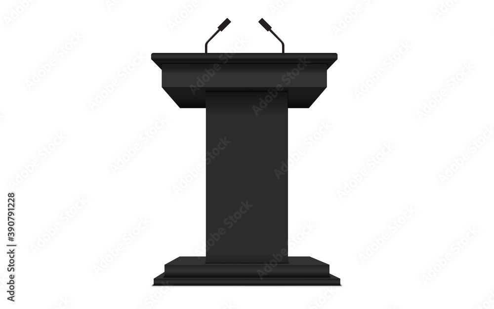 black announcement podium and microphone on the white background black announcement podium and microphone on the white background