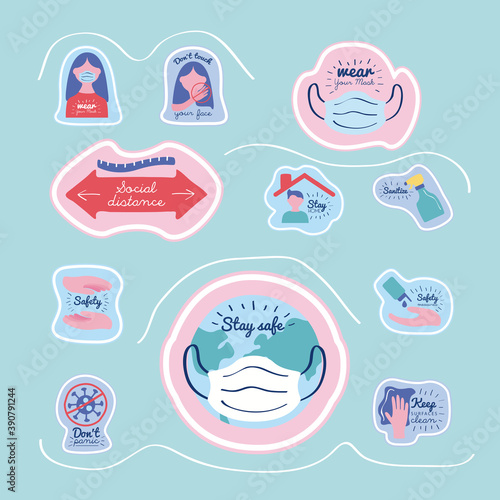 bundle of new normality campaign with letterings and icons in blue color background