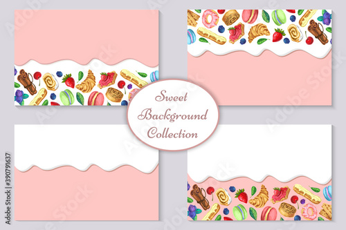 vector pastry, bakery, sweets background or banner collection with flowing cream or chocolate and baking, desserts. horizontal composition, border, frame. great for trendy design, for cafe, patisserie