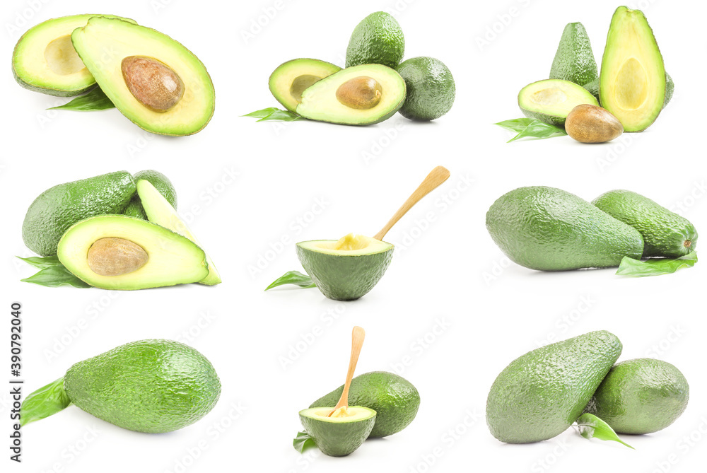 Set of fresh avocados isolated on a white background cutout Set of fresh avocados isolated on a white background cutout