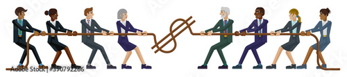 A tug of war rope pulling business people concept with teams fighting over money or wages