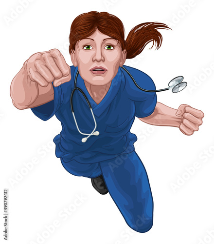 A doctor or nurse super hero woman concept. A female medical healthcare professional in scrubs as a superhero flying through the air.