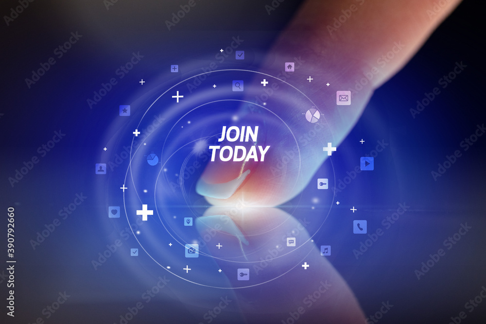 Finger touching tablet with social media icons and JOIN TODAY