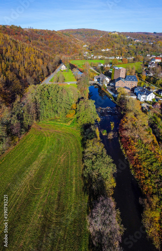 Drone - arial view of the Freusburger M  hle in the Westerwald region  Germany