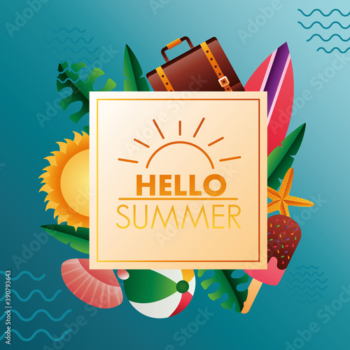 hello summer season lettering with set iocns in square frame photo