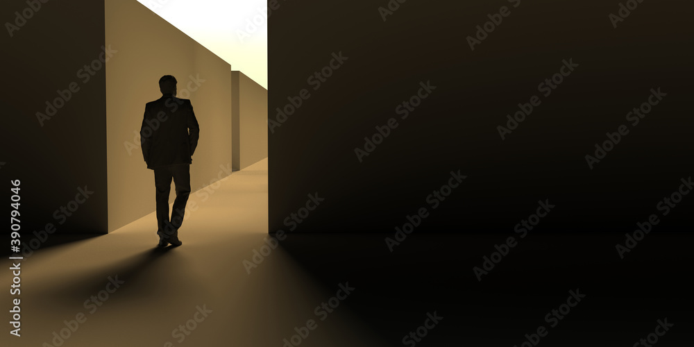 Fototapeta premium Man moves from darkness to light