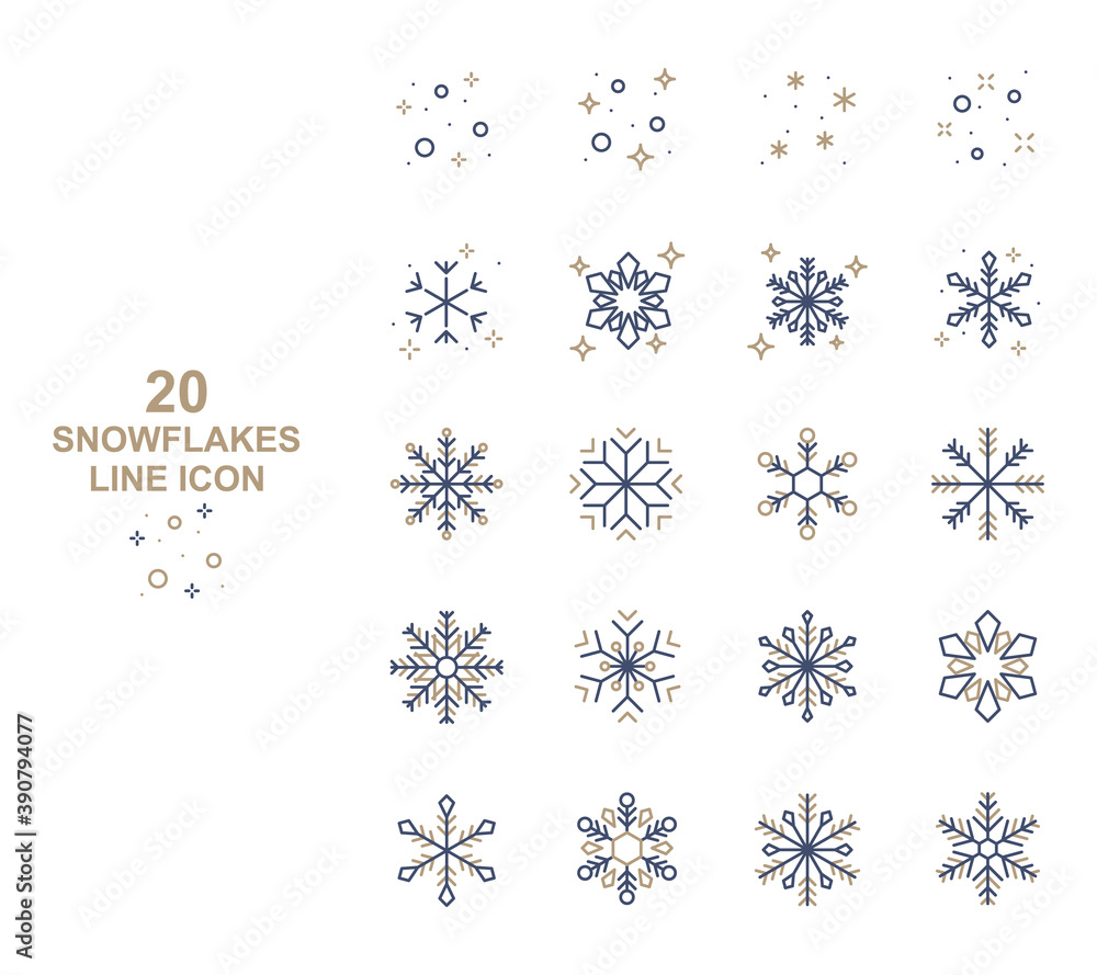 set of snowflakes thin line icons, winter season, christmas, new year