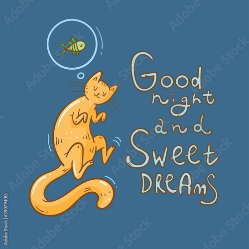 Card with  cute cartoon sleeping cat. Dream about fish. Good night wishes. Funny doodle kitten.