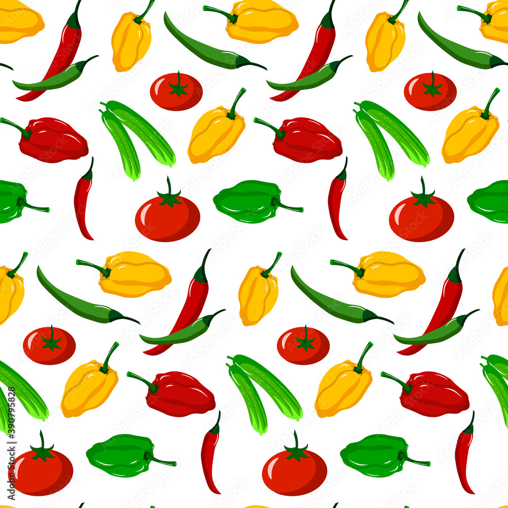 Vegetable pattern. Red, yellow, green peppers, tomatoes and cucumbers. Chilli. Vector illustration isolated on white background. For packaging, scrapbooking and textiles, farms and markets, cafes and Vegetable pattern. Red, yellow, green peppers, tomatoes and cucumbers. Chilli. Vector illustration isolated on white background. For packaging, scrapbooking and textiles, farms and markets, cafes and