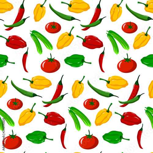 Wallpaper Mural Vegetable pattern. Red, yellow, green peppers, tomatoes and cucumbers. Chilli. Vector illustration isolated on white background. For packaging, scrapbooking and textiles, farms and markets, cafes and Torontodigital.ca