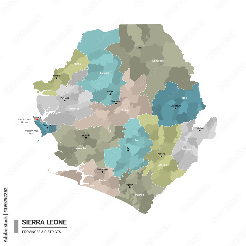 Sierra Leone higt detailed map with subdivisions. Administrative map of ...