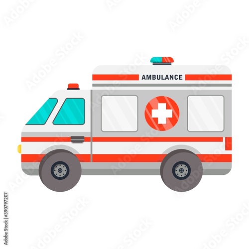 Ambulance. Ambulance vehicle flat design concept, icon isolated white background. 