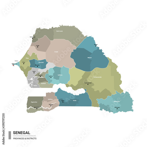 Senegal higt detailed map with subdivisions. Administrative map of Senegal with districts and cities name, colored by states and administrative districts. Vector illustration 