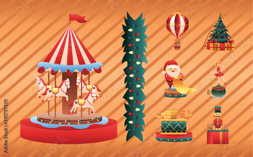carousel and bundle of christmas toys set icons