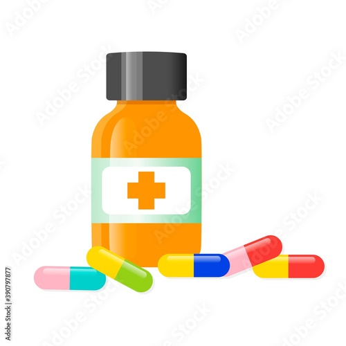 Vector pills and capsules. Tablets in blisters: painkillers, antibiotics, vitamins and aspirin. Pharmacy and drug symbols. Medical bottles and pills. 