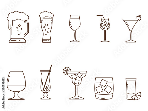 Set of icons of alcoholic drinks and utensils from the contours without color. Vector illustration.