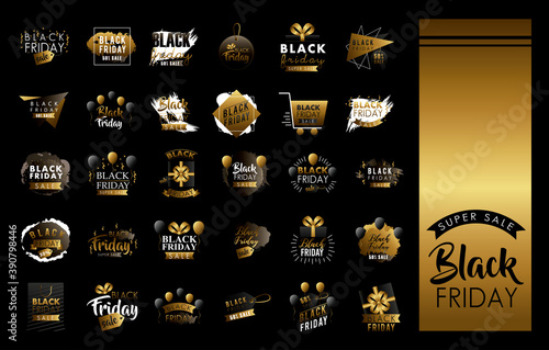 black friday sale set labels in golden background