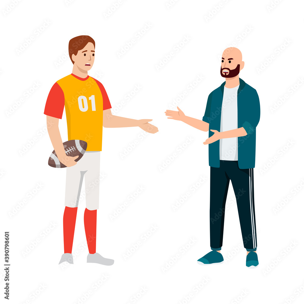 Coach talking to a rugby player about tactical problem. Angry and discussion. Flat vector illustration isolated on white background Coach talking to a rugby player about tactical problem. Angry and discussion. Flat vector illustration isolated on white background