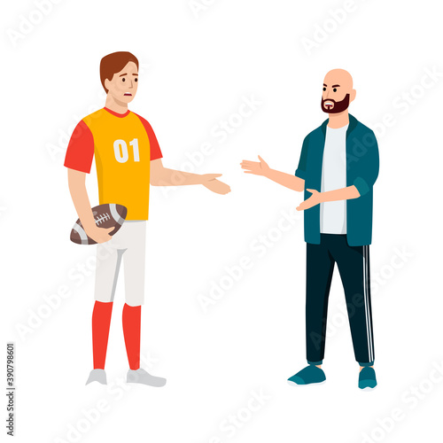 Coach talking to a rugby player about tactical problem. Angry and discussion. Flat vector illustration isolated on white background